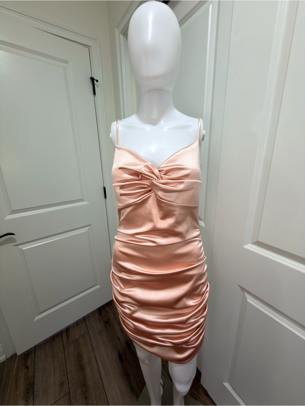 Windsor Satin Twist-Front Mini Dress in Peach